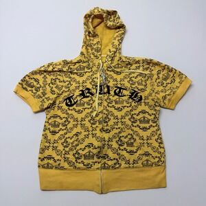 Feathers Yellow Crown Print Short Sleeve Zip Hoodie Truth Graphic Dagger Pull L